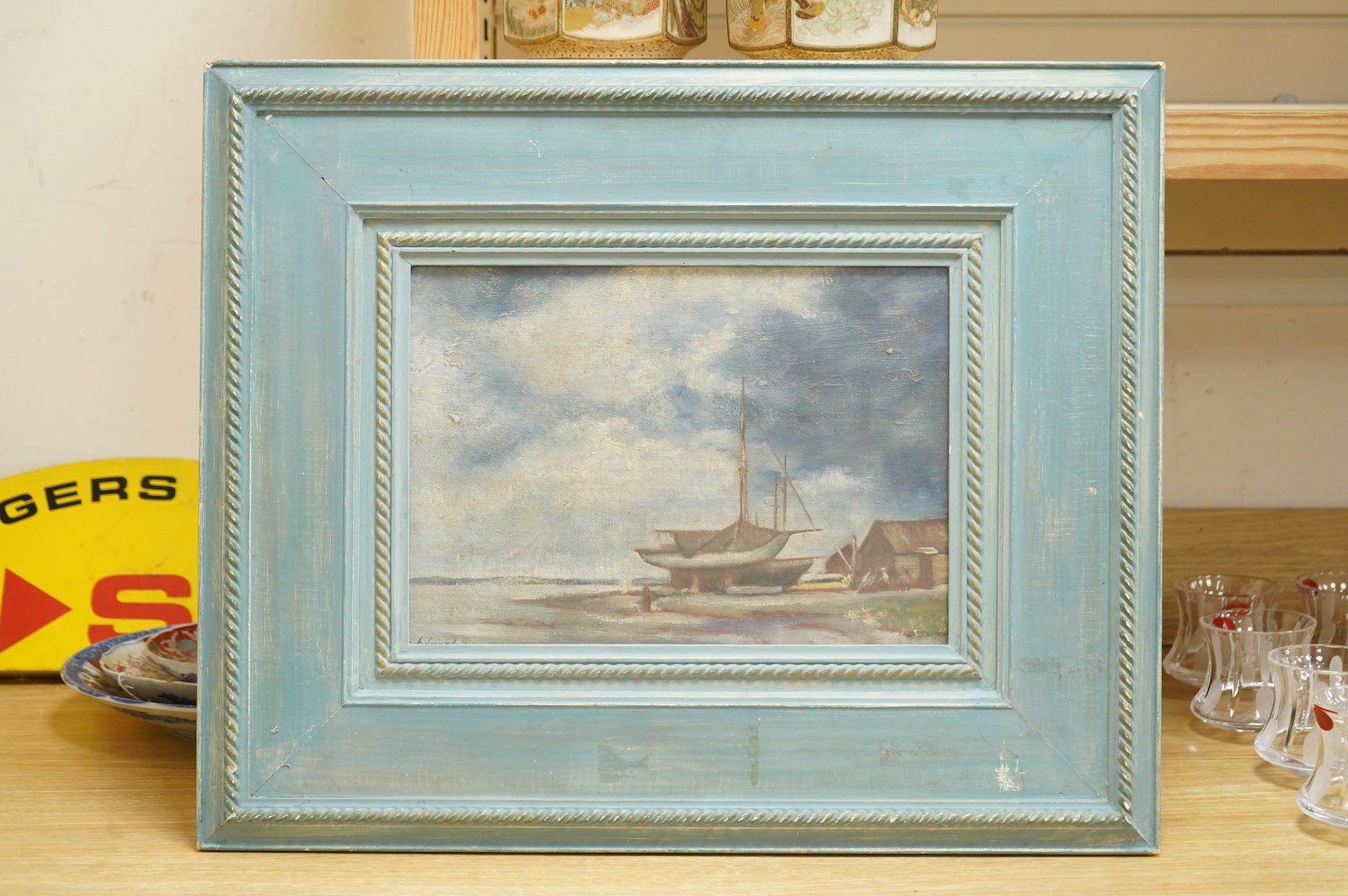 Manner of Edward Seago RBA, ARWS, RWS (1910-1974), Harbour view with fishing boats, bears signature, oil on canvas board, 24 x 33cm